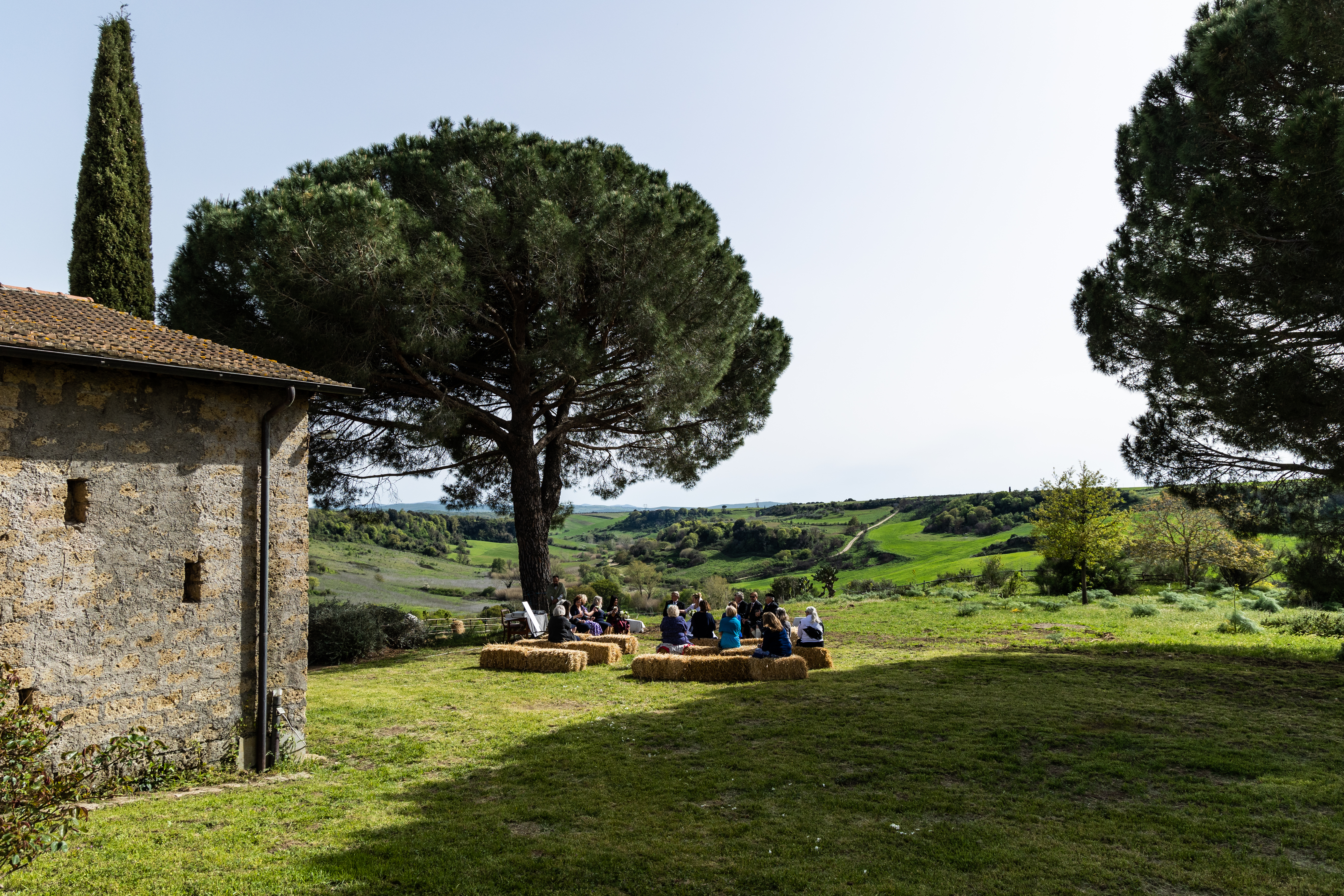 Wide view of a wedding ceremony beneath the umbrella pine, overlooking the Lazio valley